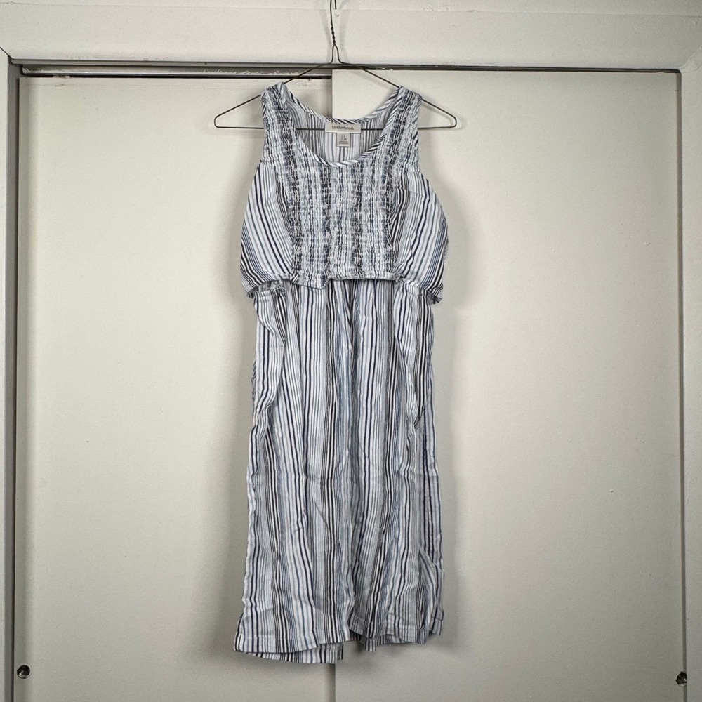 Motherhood Maternity Nursing Dress Blue White Striped Smocked Small SS